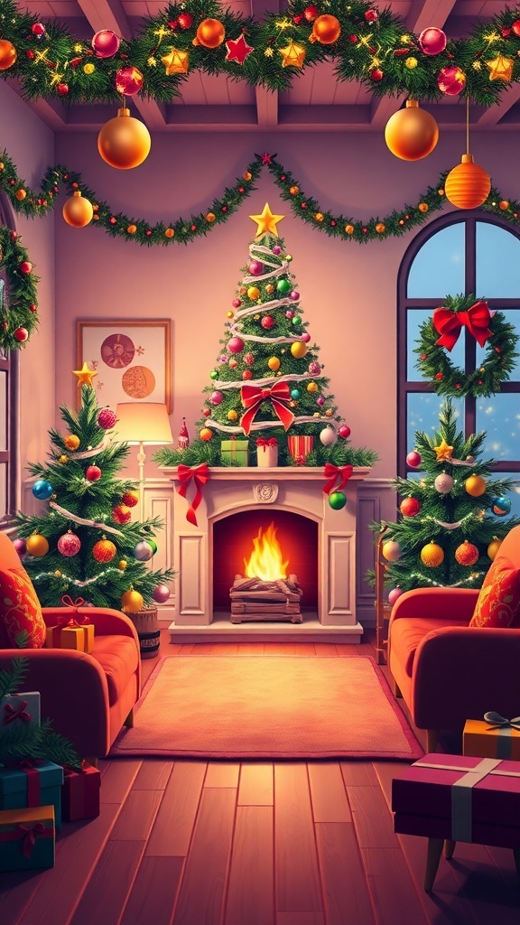 A festive Christmas room background for Zepeto with a decorated tree, fireplace, and holiday decorations.